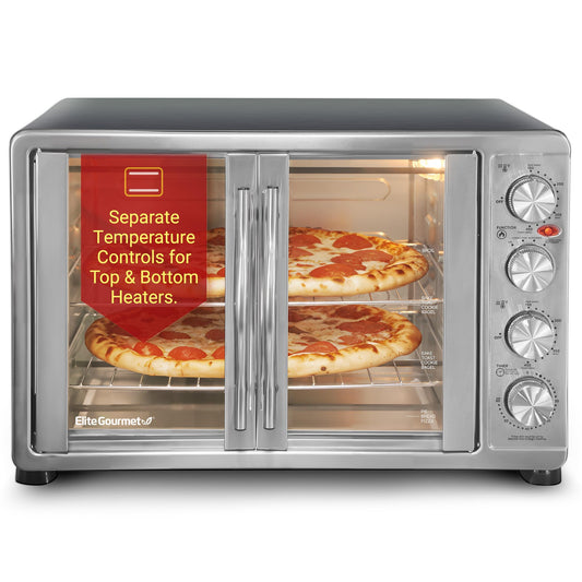 Elite Gourmet ETO-4510M Puerta francesa de 47.5 cuartos de galón, horno de convección de 18 rebanadas, 4 perillas de control, tostado para hornear asado para mantener el calor, incluye 2 estantes para