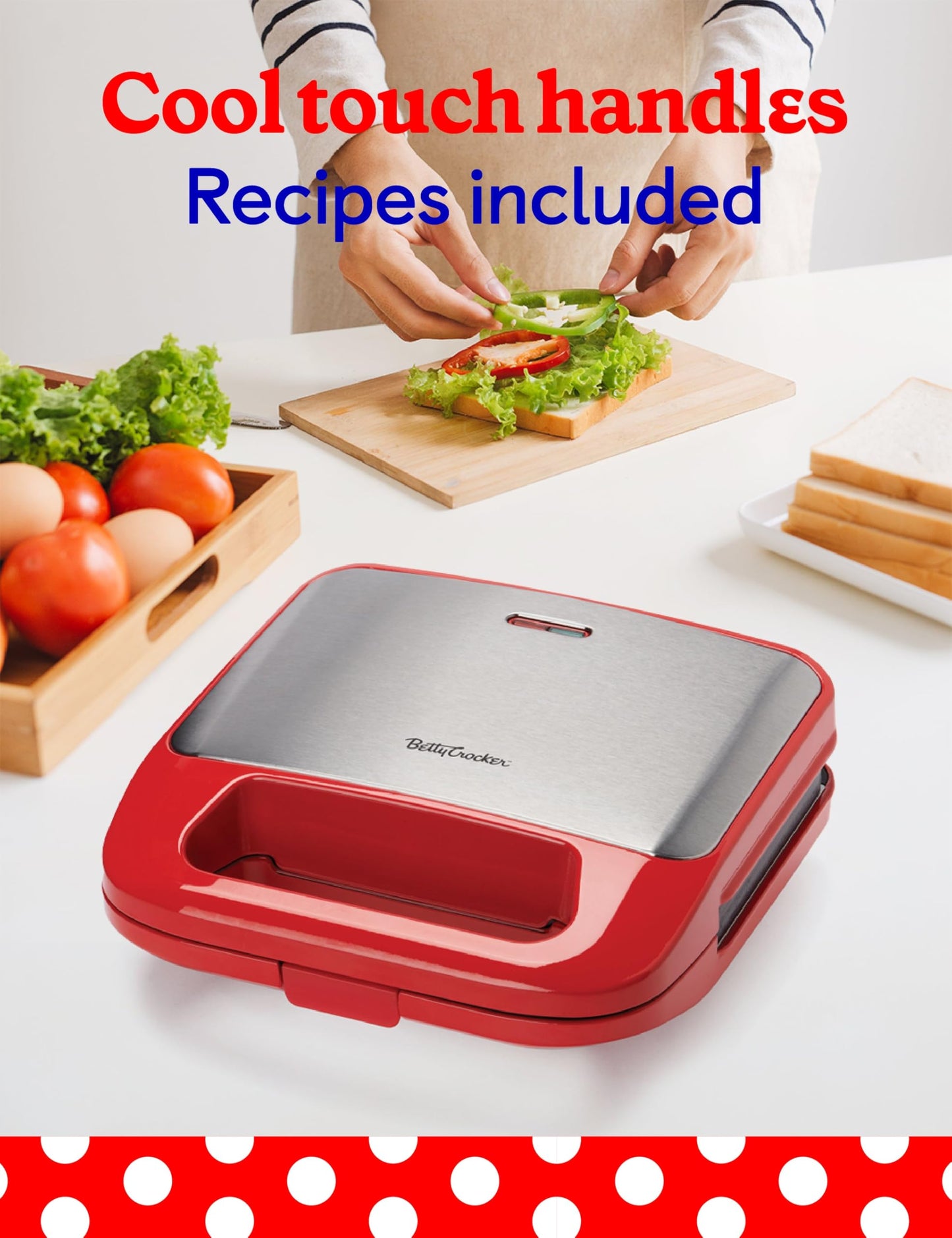 Betty Crocker 3 en 1 parrilla de interior, sándwich/Panini Press & Waffle Maker Plus, parrilla eléctrica interior con placas antiadherentes intercambiables, 750 vatios, BC-4965R, rojo