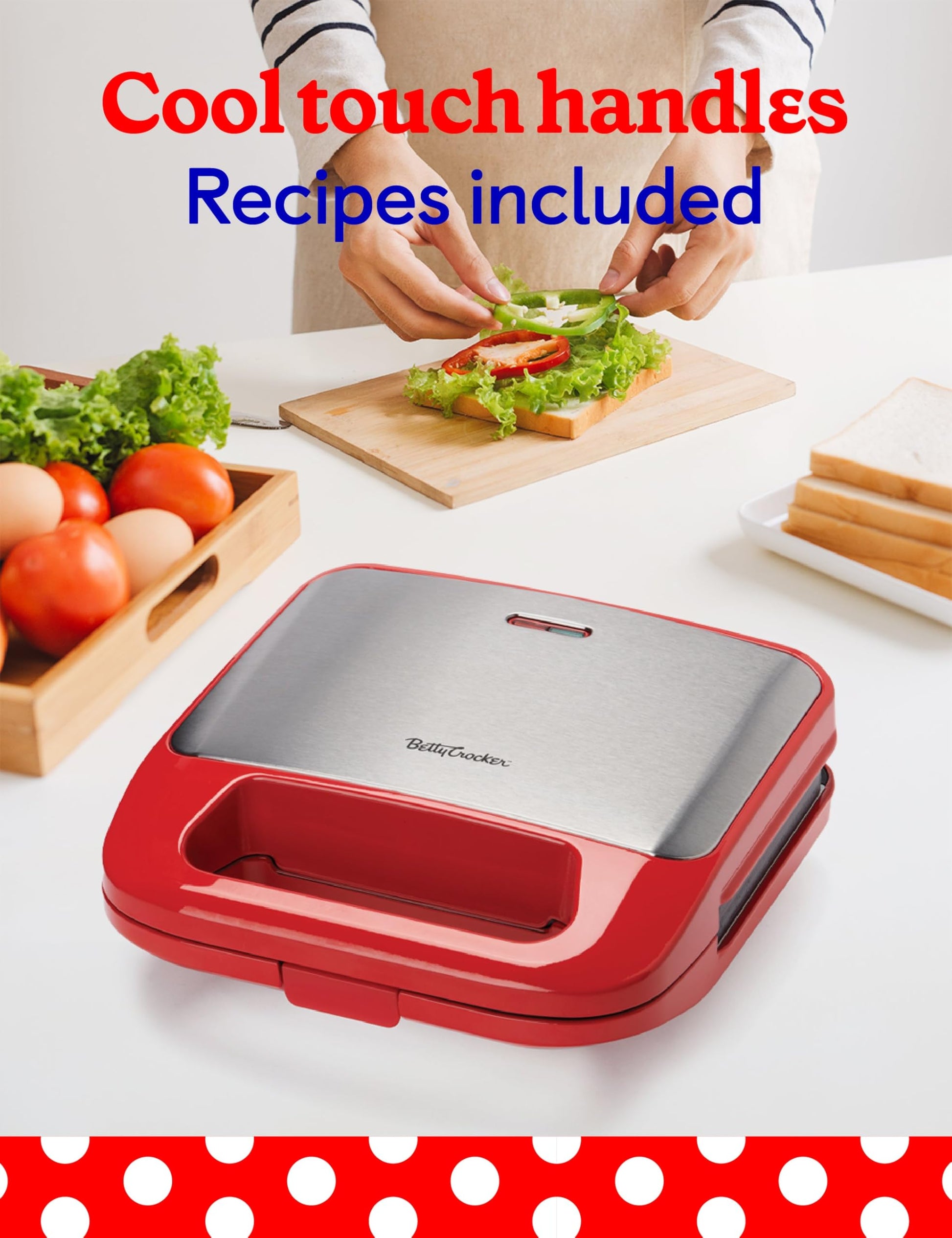 Betty Crocker 3 en 1 parrilla de interior, sándwich/Panini Press & Waffle Maker Plus, parrilla eléctrica interior con placas antiadherentes intercambiables, 750 vatios, BC-4965R, rojo