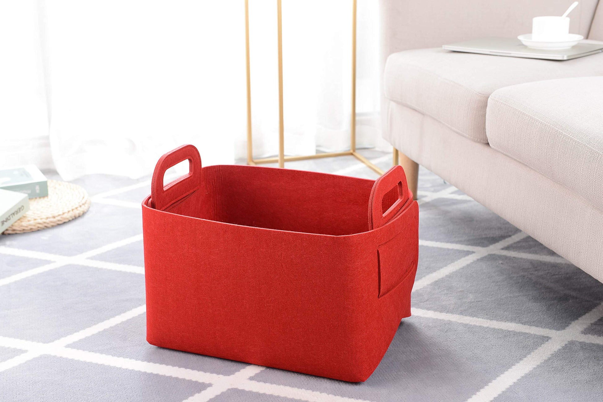 Minoisome - Cesta de almacenamiento de fieltro plegable y conveniente organizador de caja con asas de transporte para oficina, recámara, clóset, bebés, guardería, juguetes de lavandería (rojo, 15.7
