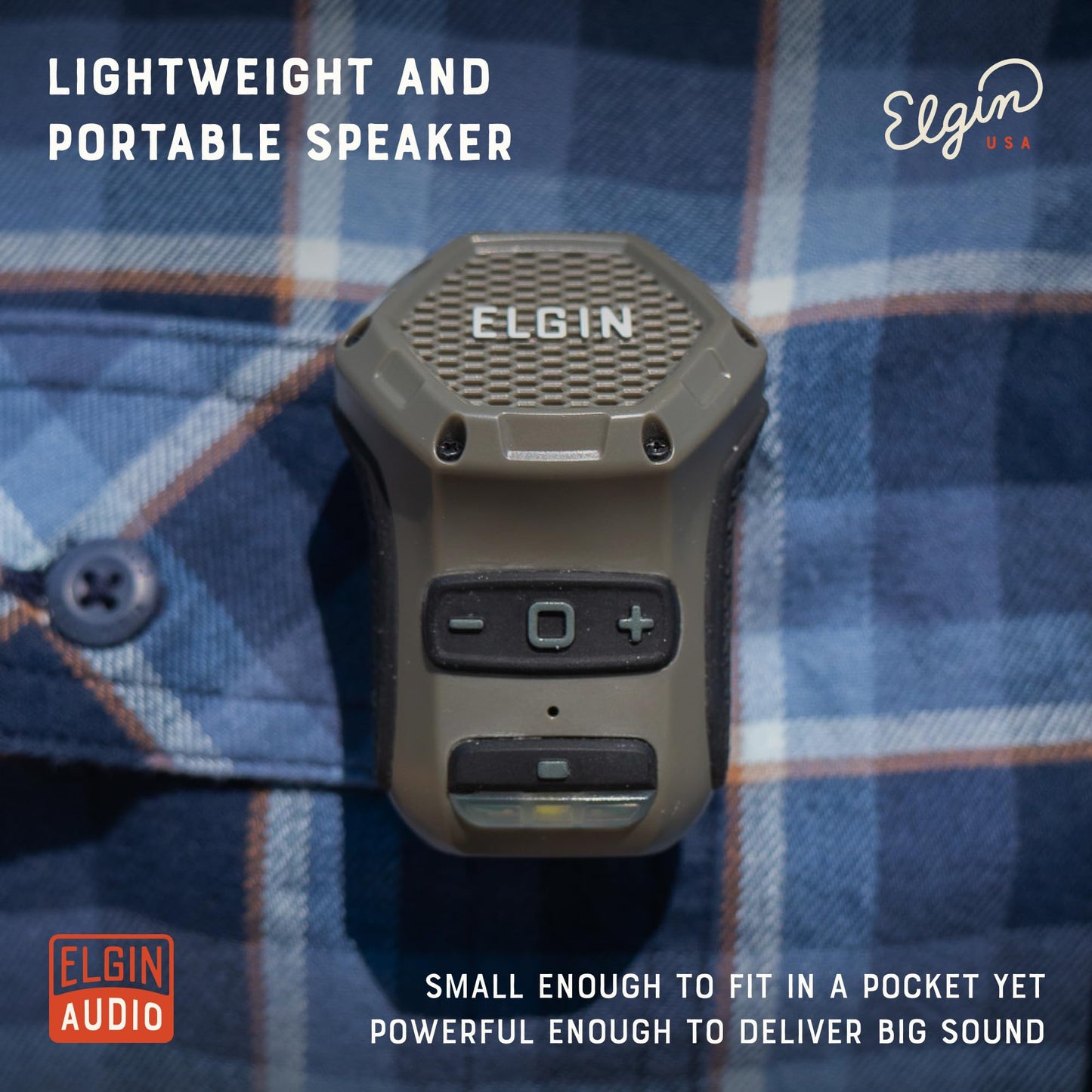 Elgin Thumper Mini Altavoz Bluetooth Portátil, 35 Horas de Duración de Batería, Alcance Inalámbrico de 15 m, Resistente al Agua, Montura Magnética y Diseño de Clip con Luz de Trabajo LED para Sitio de
