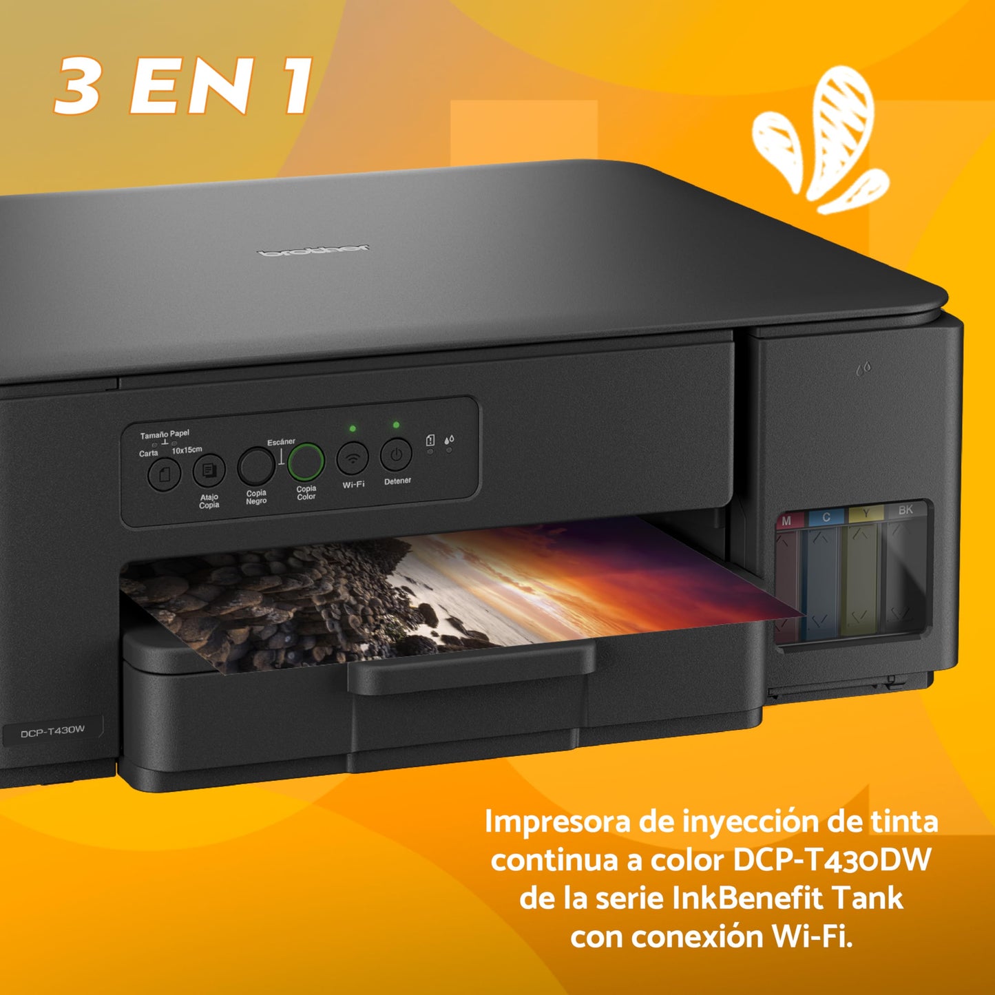 Brother Impresora Multifuncional 3 en 1 de Inyección de Tinta a Color DCPT430W | Tecnología InkBenefit Tank,Impresión Wi-Fi 5GHz,Tinta Recargable | Impresión 7,500 Págs.en Negro y 5,000 Págs.en Color