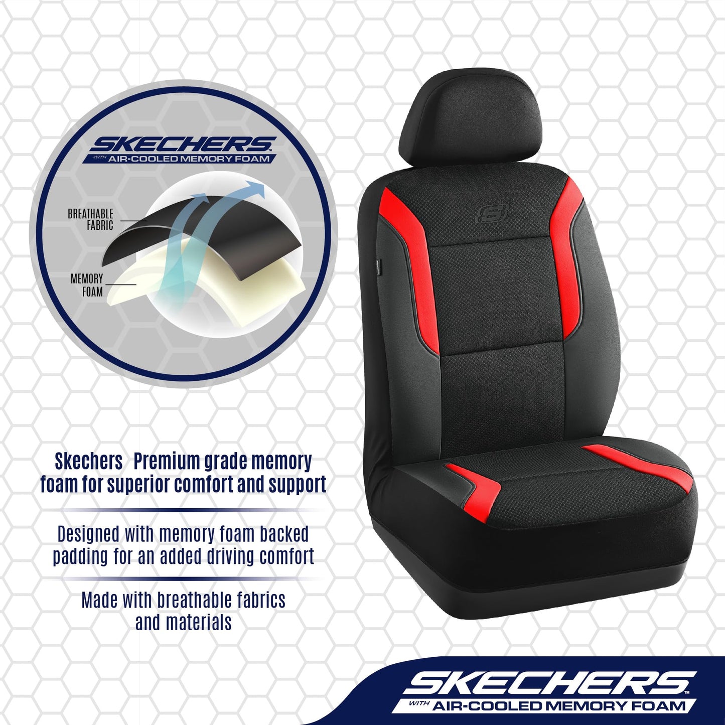 Skechers Memory Foam™ - Fundas de asiento de coche de piel, malla Air Cool, asiento delantero, compatible con airbag, comodidad y protección automotriz para la mayoría de vehículos, rojo