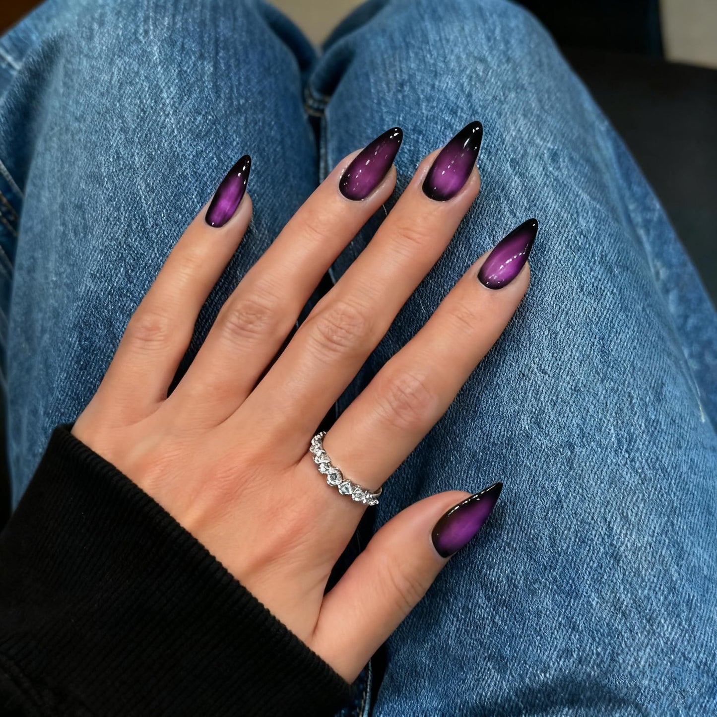 SXVME Uñas postizas en almendra, degradado ruborizado rosa fuerte y negro, stiletto mediano, uñas postizas francesas con degradado, calidad de salón, uñas góticas reutilizables de gel suave para mujer