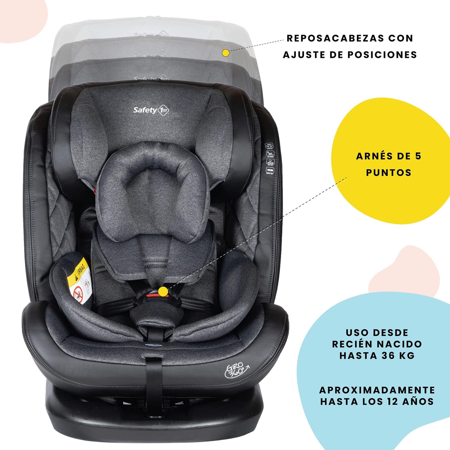 Safety 1st Autoasiento Giro. Con sistema de rotación 360 grados, desde recién nacido hasta 36 kilos, harnés de 5 puntos y almohadas laterales, 4 posiciones de reclinación, fundas removibles y lavables a máquina