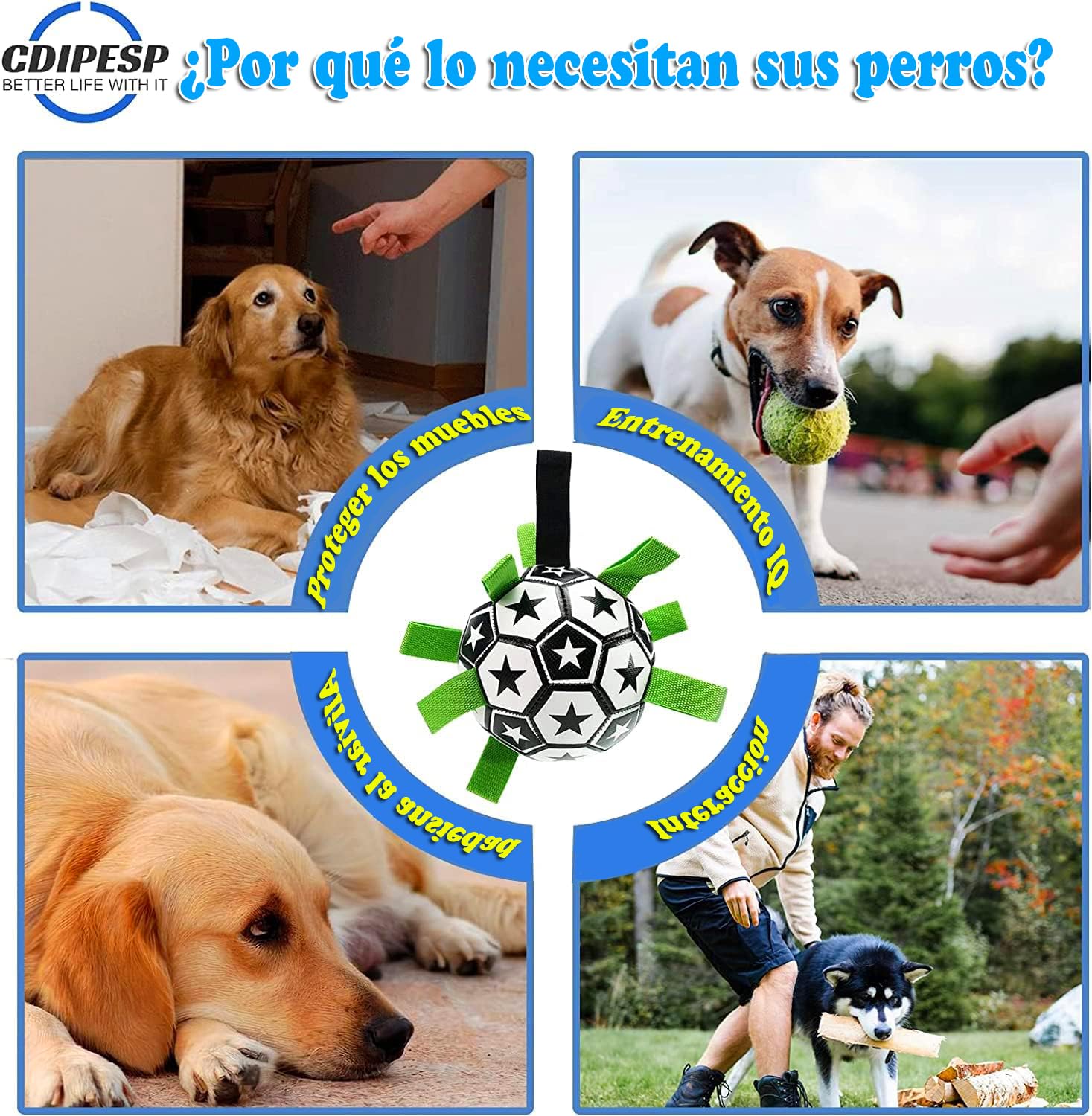 Juguete para Perros FRANCISCO Balón de Fútbol Estrellas con Pestañas de Agarre Duradero Interactivo