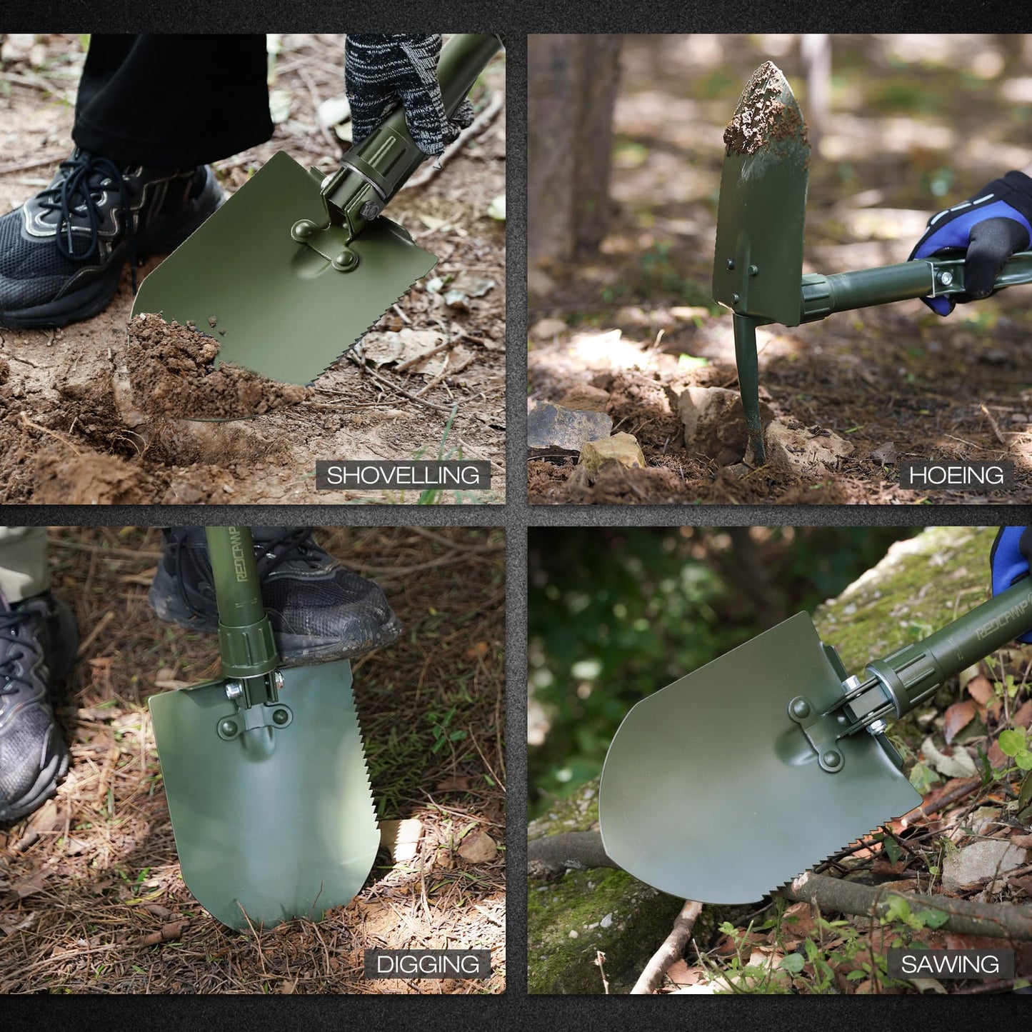 Pala de Camping REDCAMP Verde Militar Plegable con Mango Triple para Senderismo