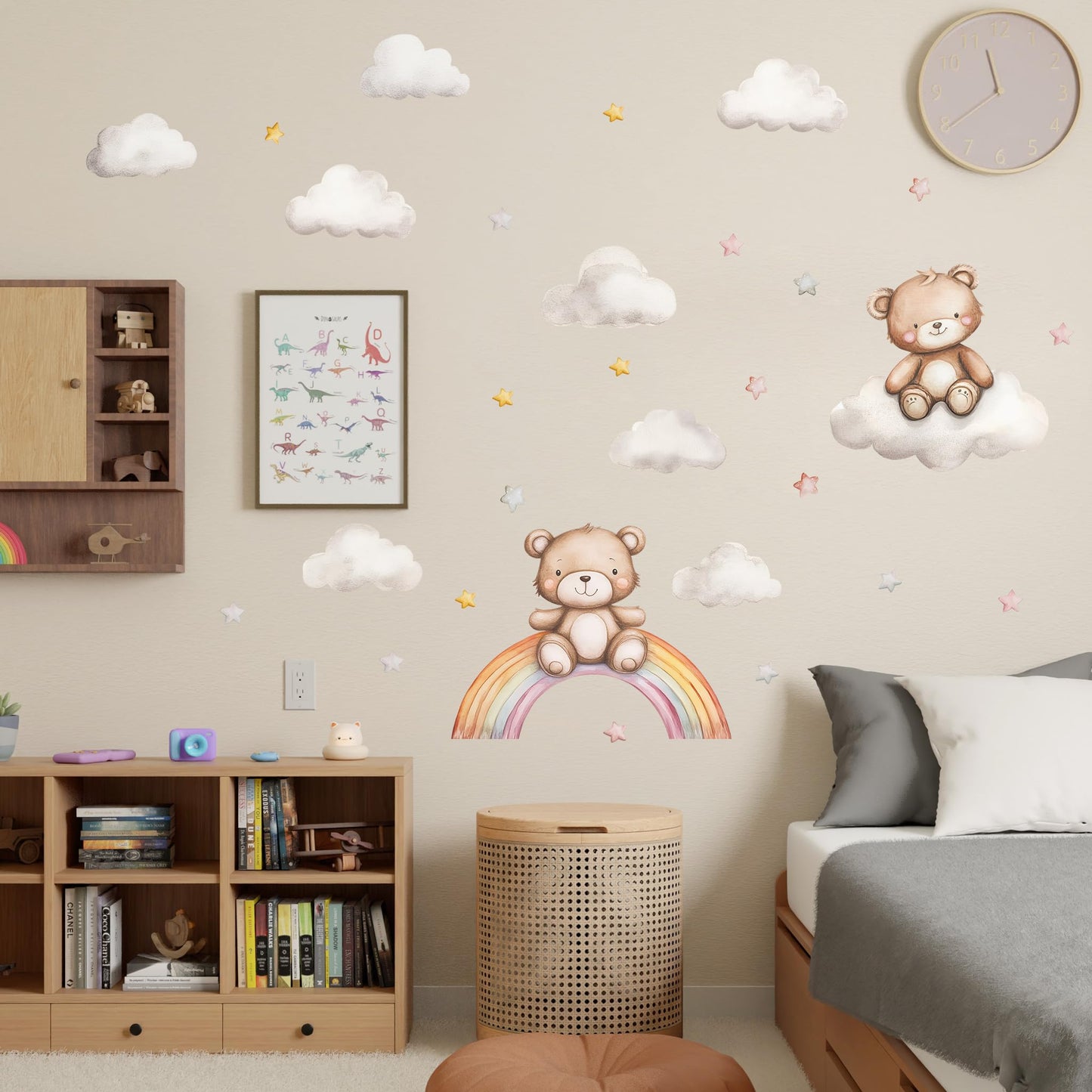 Calcomanías de pared de oso de peluche, pegatinas de pared de oso de dibujos animados, estrella de arco iris, para habitación de niños, habitación de bebé, habitación de bebé, decoración de cuarto de