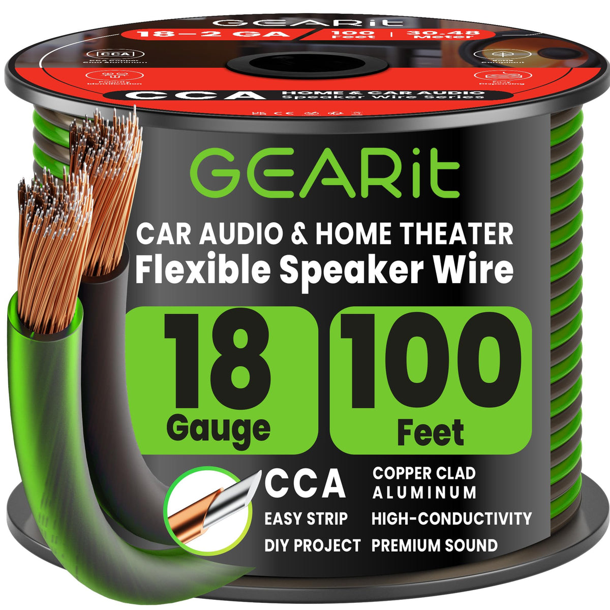 Cable de Altavoz GearIT Pro Series 18AWG Transparente Negro Verde 30 Metros para Cine en Casa y Coche