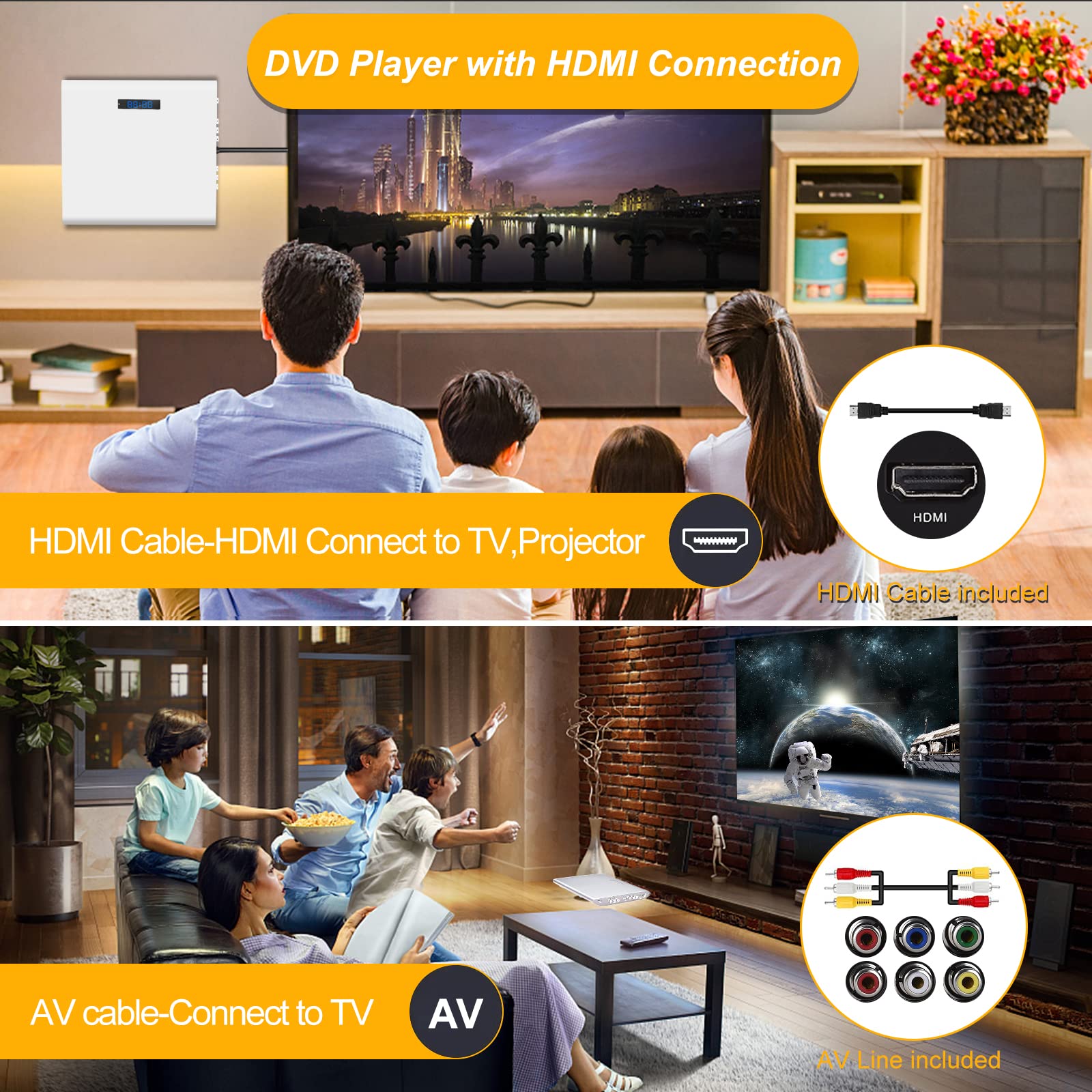 Famishow, reproductor de DVD gratuito para TV de todas las regiones con salida AV/HDMI y entrada USB, reproductor de DVD HD 1080P con cable HDMI, control remoto y cable AV, montaje en pared (blanco)