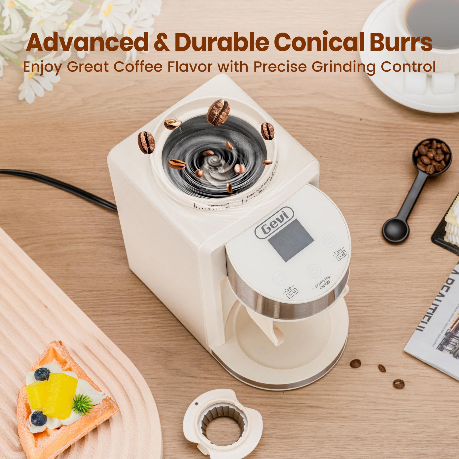 Gevi - Máquina de Espresso Profesional Compacta de 20 Bares Con Espumador de Leche Para Expreso, Latte y Capuchino Con 35 Ajustes Precisos de Molienda, Color Beige