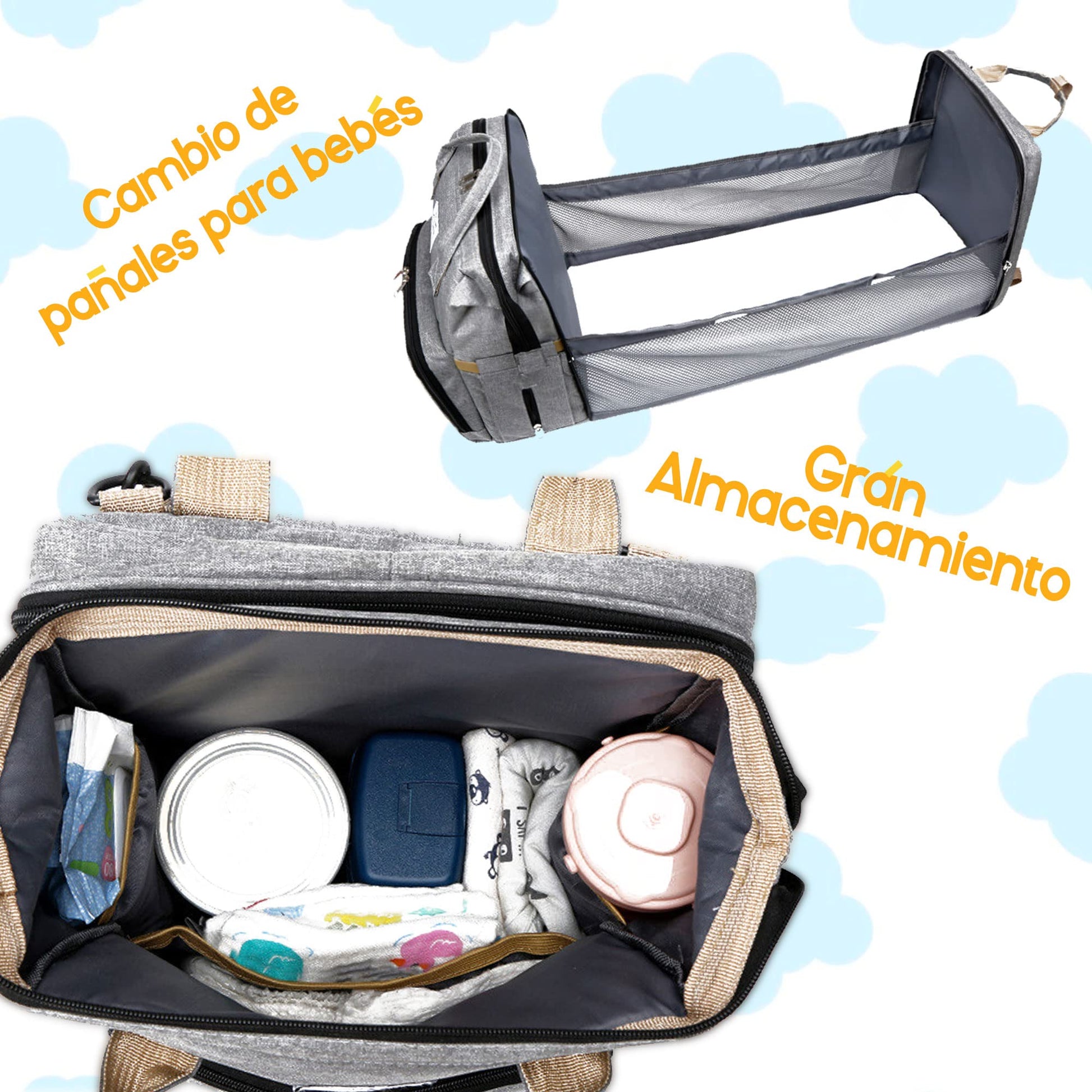 Zen Zen Pañalera Moderna Mochila Impermeable Térmica Con Puerto USB Funda Para Biberón Agujero Para Audífonos Diseño Antirrobo (Gris)