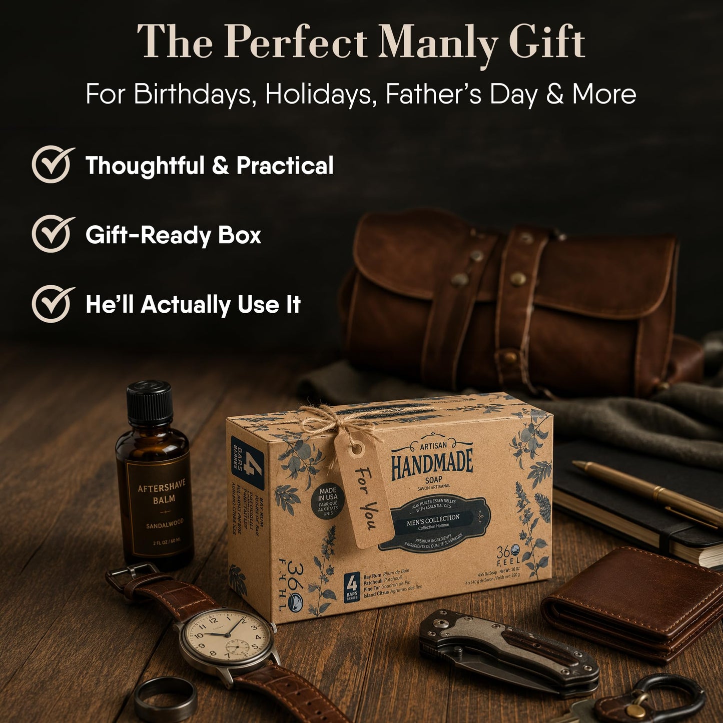 360Feel Men's Handmade Natural Soap bar - 4 Large Best Sellers Mens Soap Bar with Masculine fragrance- Bay Rum, Pine Tar, Patchouli, Citrus Soaps- Gift pack- Organic Mens Soap, Castile Mens Bar Soap