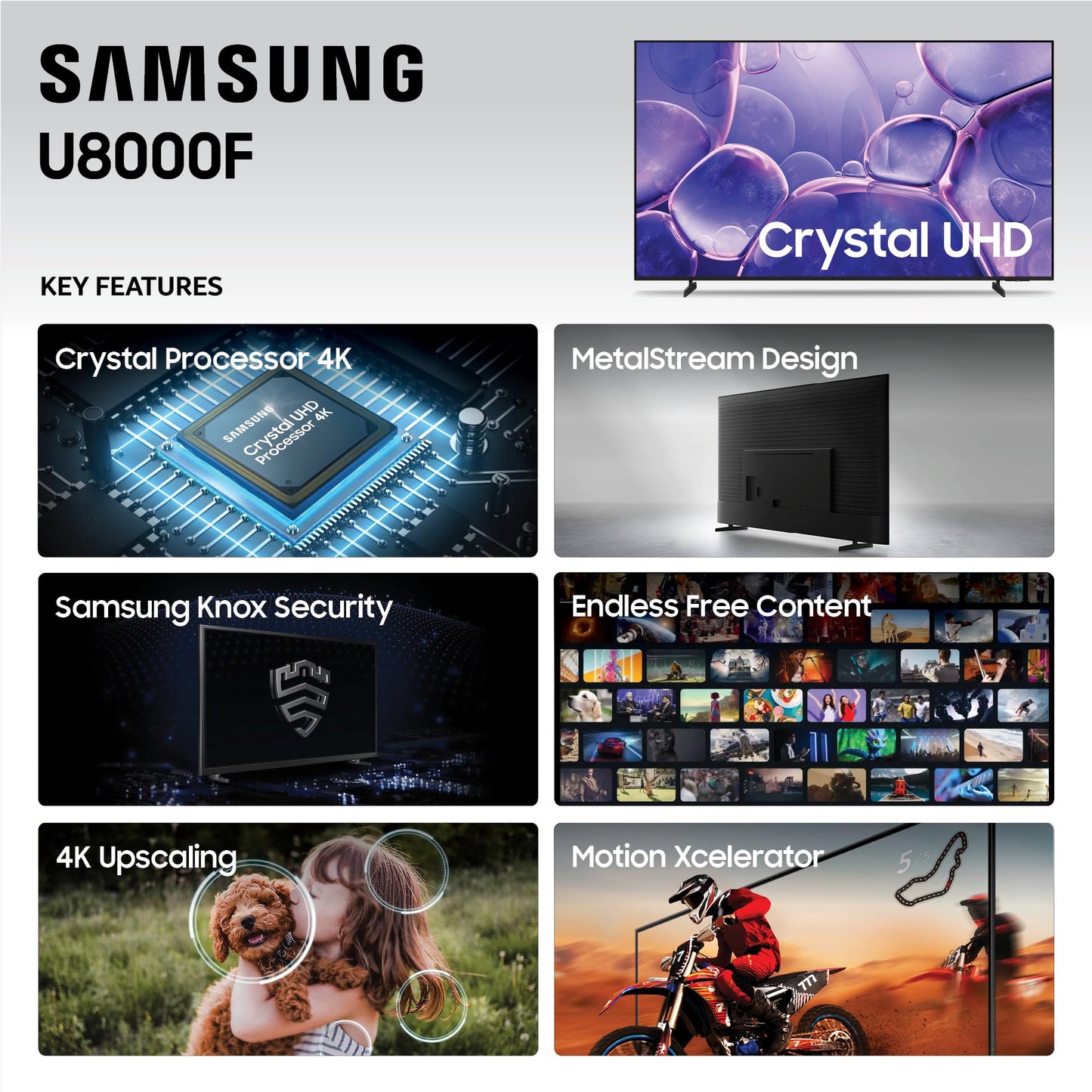 Samsung 43-Inch Class Crystal UHD U8000F 4K Smart TV (Modelo 2025) Contenido sin Fin, procesador de Vidrio 4K, diseño MetalStream, Knox Security, Alexa Incorporado