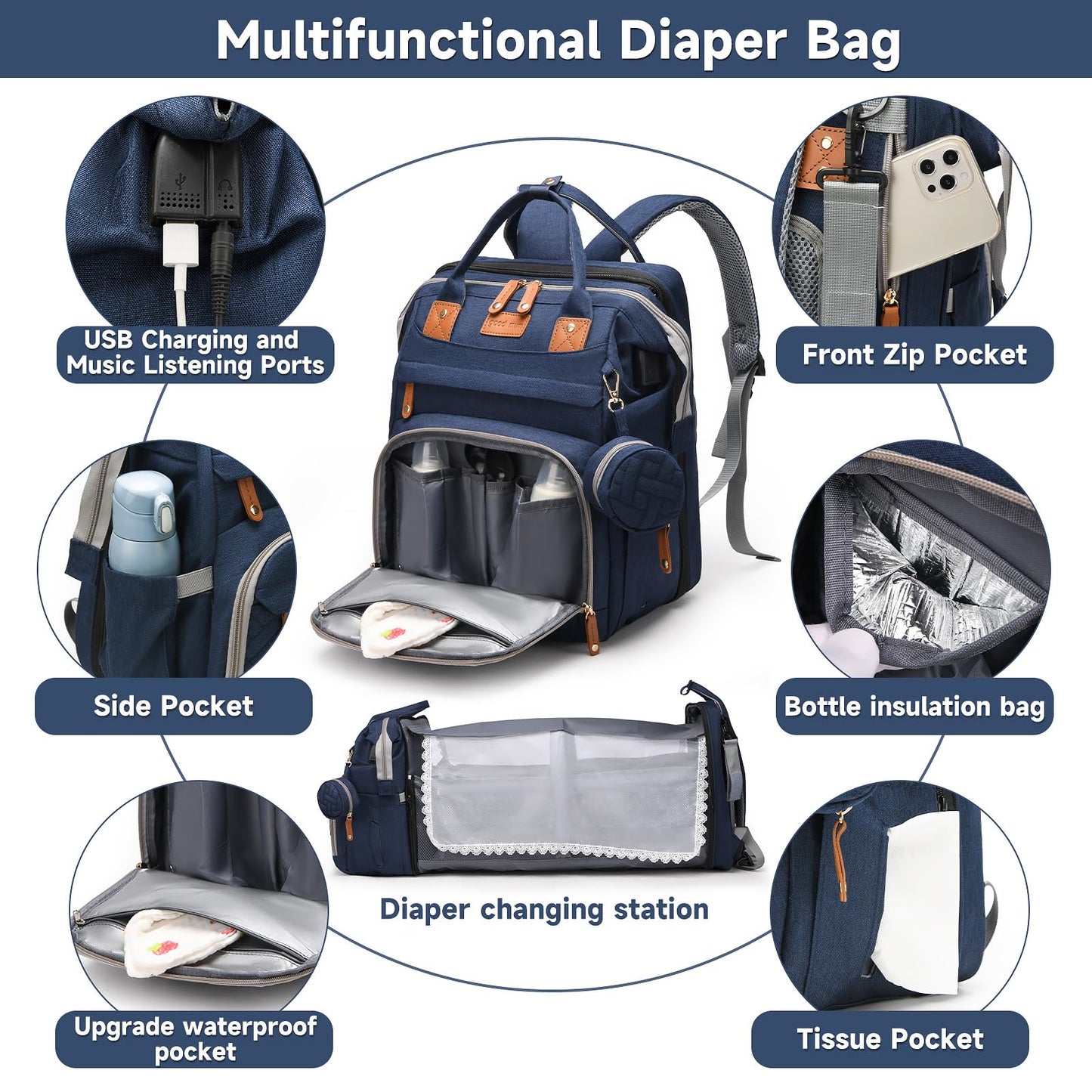 AHNTTGS - Bolsa para pañales con cambiador, Azul, Grande