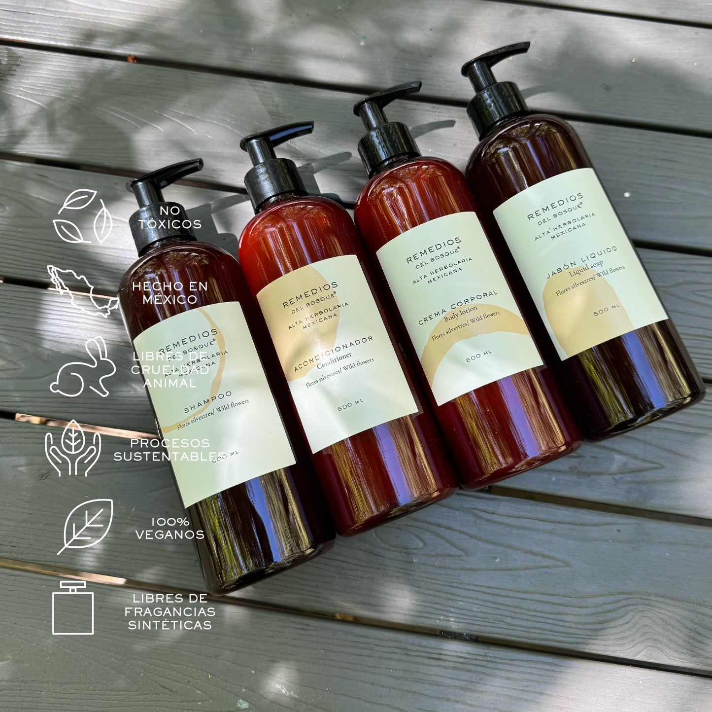 Remedios del Bosque Jabón Líquido Natural para Manos y Cuerpo con Flores Silvestres 250 ML, Libre de Sulfatos y Triclosán, con Derivados de Coco que Limpian Profundamente.
