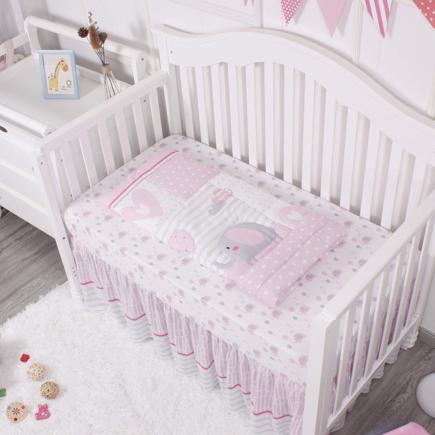 La Premura Baby Elephant Nursery Crib Bedding Set for Girls - Pink Elephant & Love Balloons 3-Piece Standard Size Crib Set, Pink & Gray