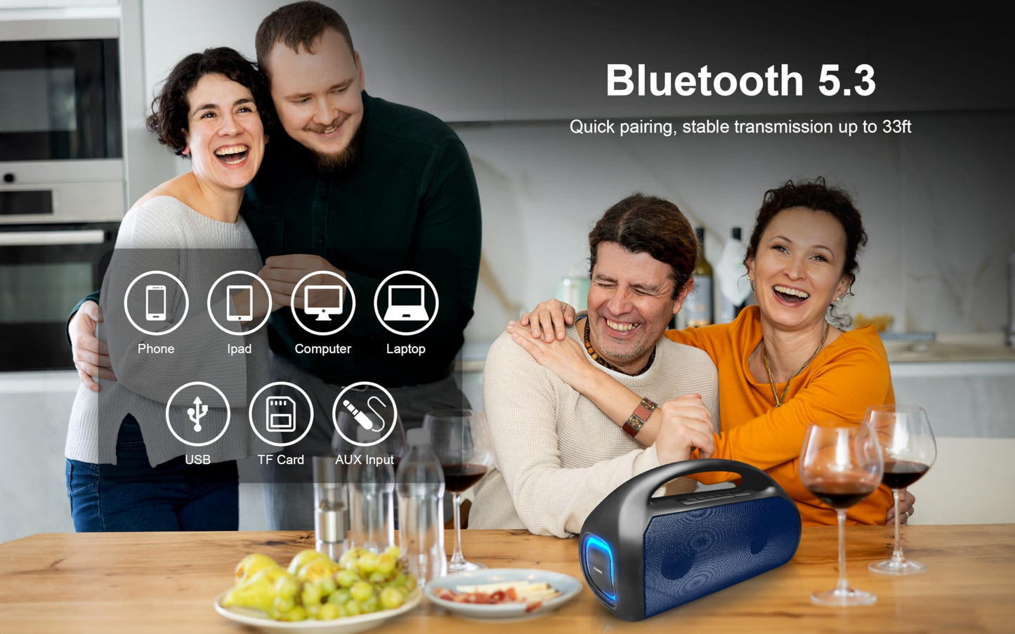 Fisher - Altavoces portátiles Bluetooth - Altavoz inalámbrico portátil con potencia máxima de 20 W, sonido HD, luces RGB, IPX4 resistente al agua, emparejamiento TWS, radio FM, BT 5.3, tiempo de