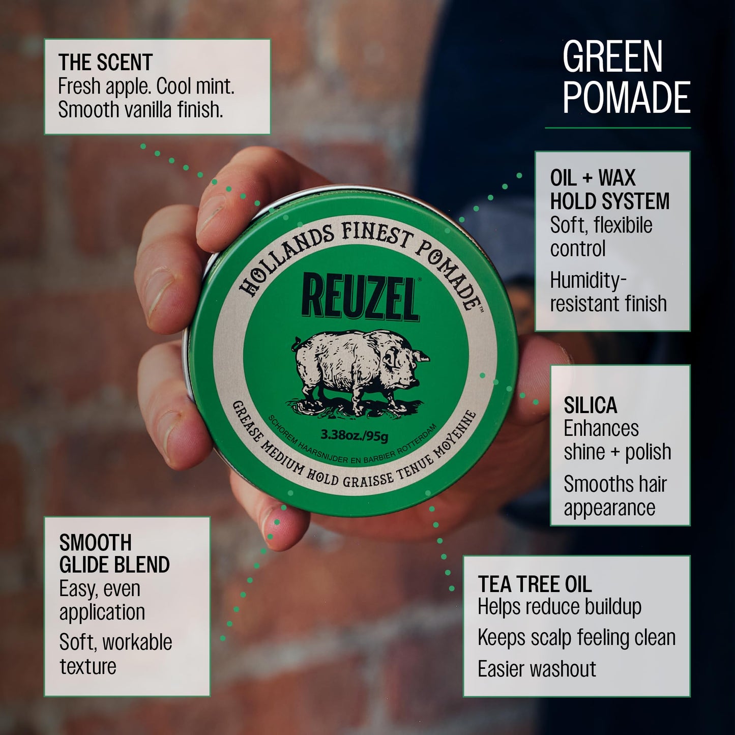 Reuzel Green Pomade Grease 95g Pomada para Cabello de Fijación Media, Brillo Natural, Base Aceite, Aroma Manzana y Menta