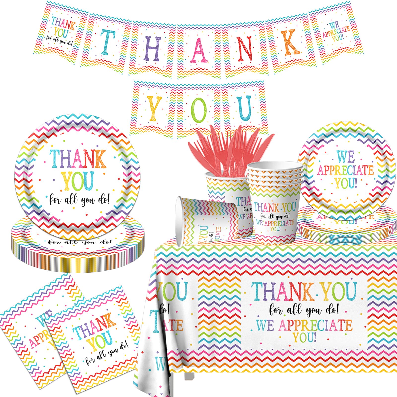 Juego de Platos y Servilletas de Decoración de Fiesta Agradecimiento con Tazas Desechables, Tenedores y Mantel para Empleados, Maestros, Médicos, Padres