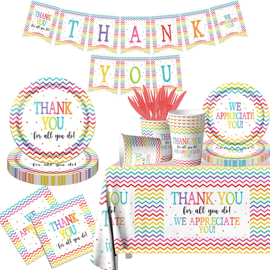 Juego de Platos y Servilletas de Decoración de Fiesta Agradecimiento con Tazas Desechables, Tenedores y Mantel para Empleados, Maestros, Médicos, Padres