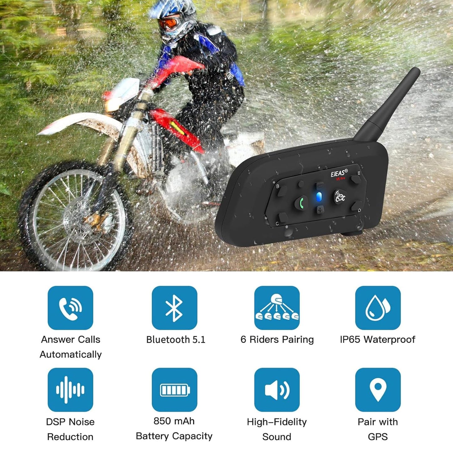 EJEAS V6 Pro Intercomunicador para Casco de Moto, 2 Riders 1200M Sistema de Comunicación Universal con Cancelación de Ruido y Resistente al Agua para Dirt Bike/ATV/Moto de Nieve (1PC)