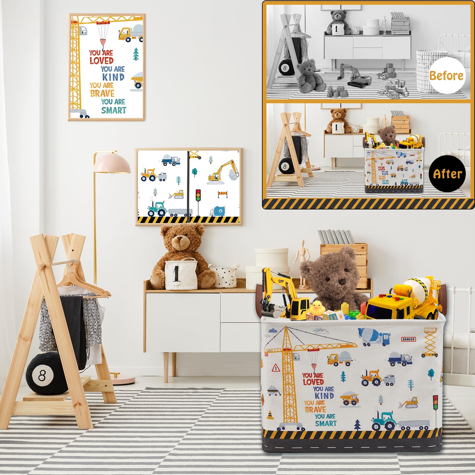 Cesta para decoración de vivero de construcción, cesta de almacenamiento de regalo para niños, camiones de transporte, excavadoras, cesta de juguetes para bebé, cesta de bebé, grande, rectangular,