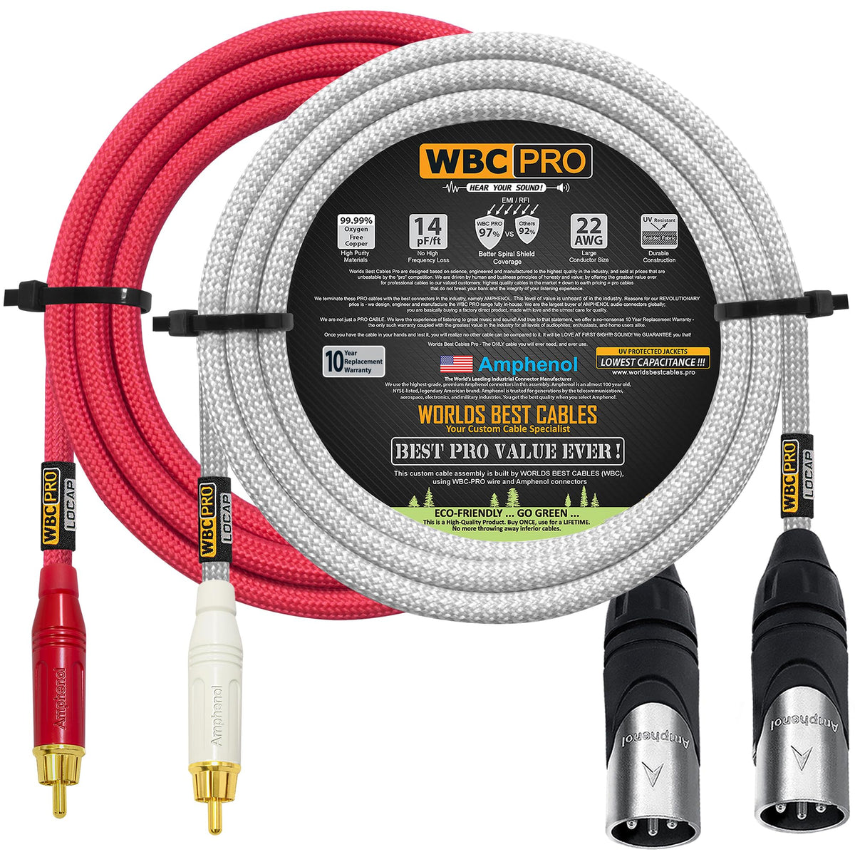 Cables RCA a XLR WORLDS BEST CABLES Negro Ultra Silencioso de Baja Capacitancia de 8 Pies