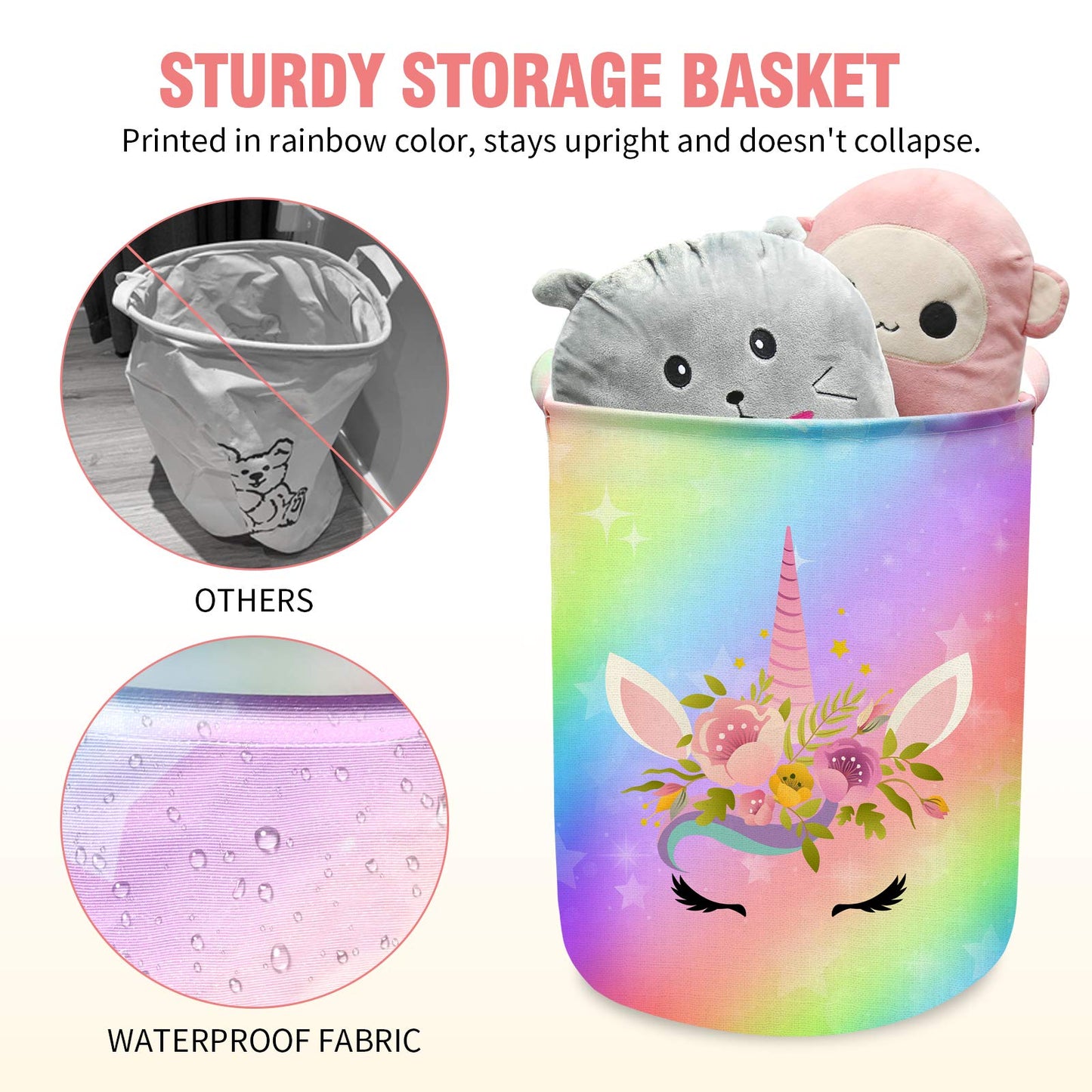 Cesta de lavandería con diseño de unicornio, de gran tamaño, redonda, impermeable, plegable, organizador de habitación de niñas, recámara, cuarto de bebé, ropa de sala de juegos (43.3 l, lindo