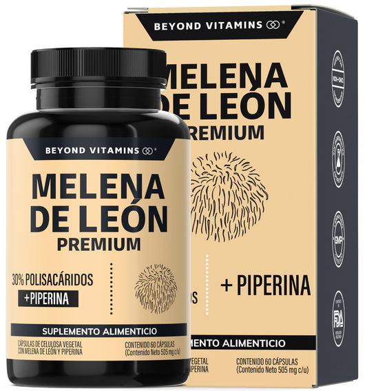 Beyond Vitamins | Hongo Melena de León | Extacto proveniente del Micelio con 30% de Polisacáridos + Piperina al 95% para máxima biodisponibilidad | Sin metales pesados | Vegano | 60 cápsulas