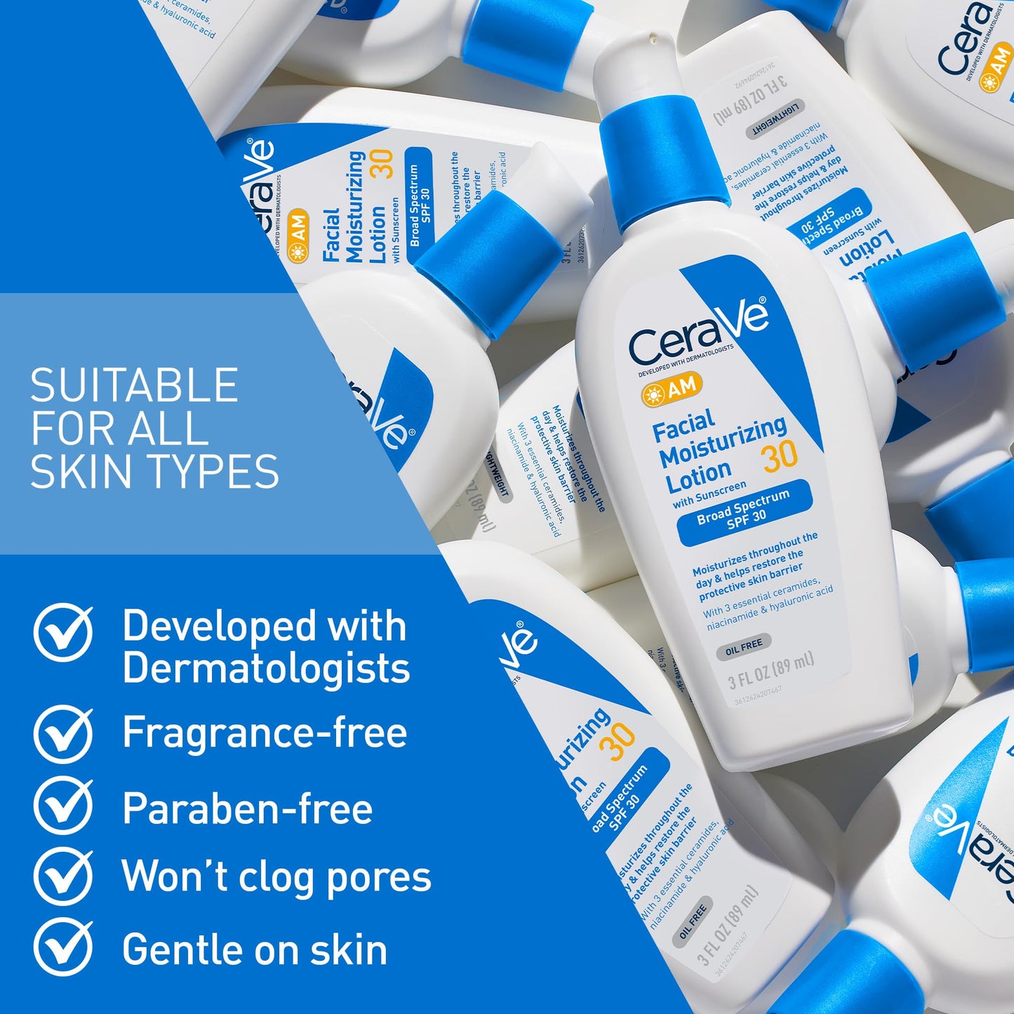 CeraVe - Loción hidratante facial AM Sunscreen SPF 30, piel normal a seca, unisex, 3 onzas
