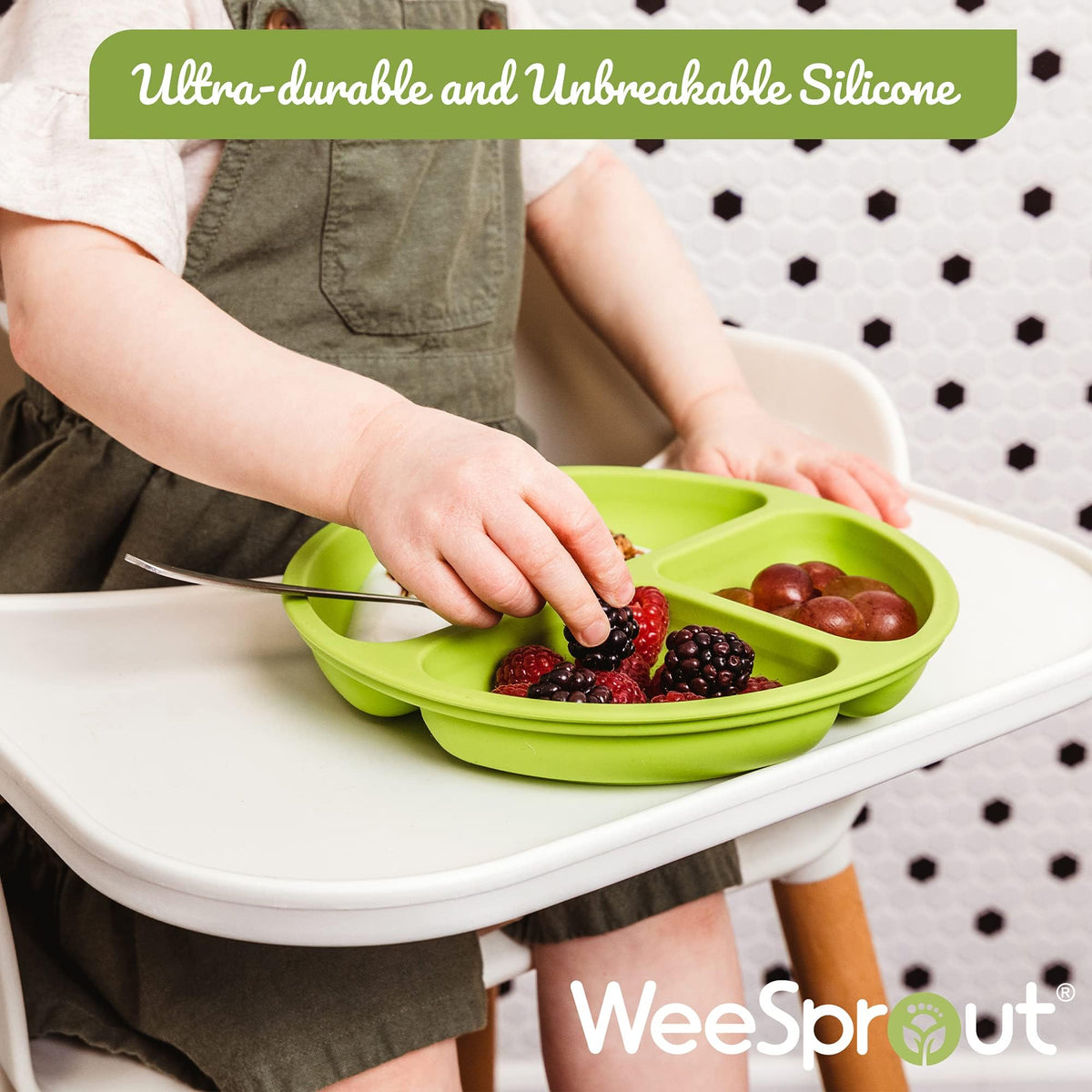 WeeSprout - Platos de silicona divididos para niños (3 unidades, fácil de limpiar, aptos para lavaplatos y microondas, suave, antideslizante e irrompible, silicona con certificación FDA/LFGB), ideal para bebés o niños mayores, Green, Blue & Purple