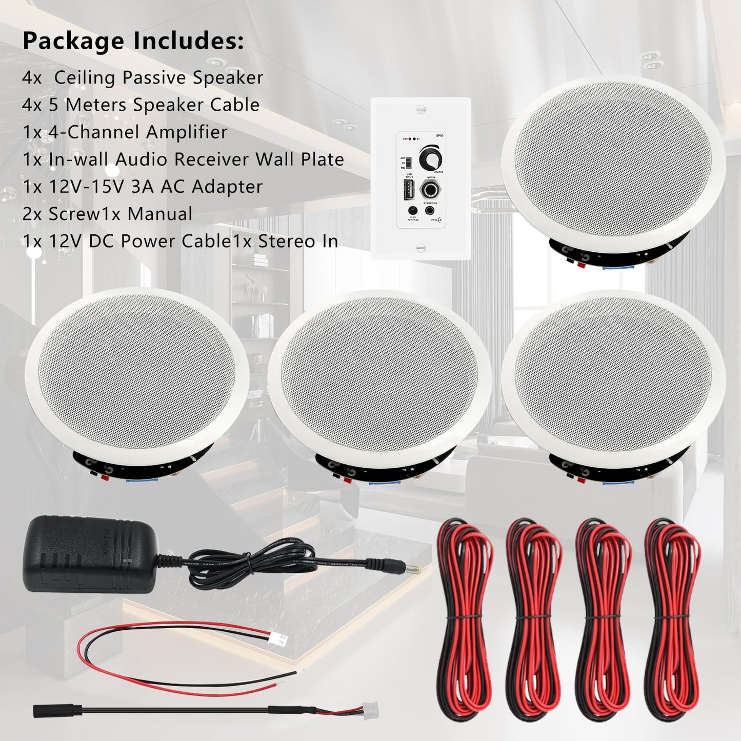 PNWCZ - Altavoces Bluetooth en el techo de 6.5 pulgadas en la pared, 600 W, sistema de altavoces de montaje empotrado de 2 vías con receptor amplificador de pared para cine en casa, oficina, baño,