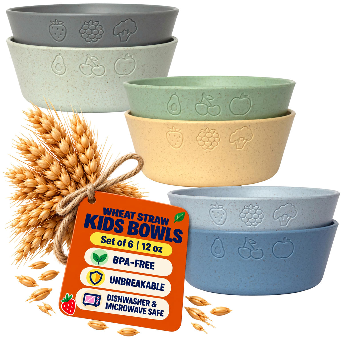 FOODLE - Cuencos para niños con pajita de trigo sin BPA y probados de seguridad, aptos para lavaplatos y microondas, ligeros e irrompibles, cuencos para niños pequeños, 12 onzas (gris/azul/amarillo