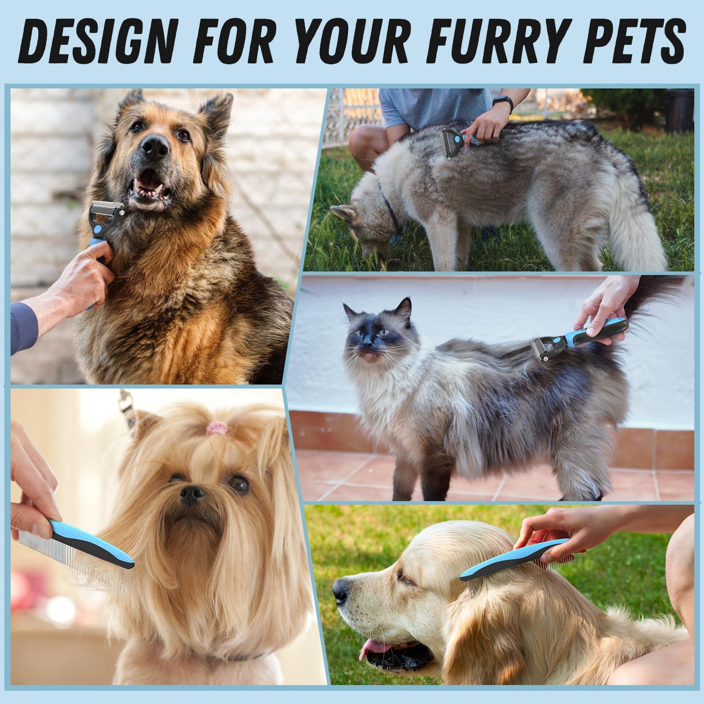 Cepillo y Peine Metálico para Pelaje de Perros, Rastrillo para Desenredar y Eliminar Subpelo, Herramienta para Mascotas de Pelo Largo Azul