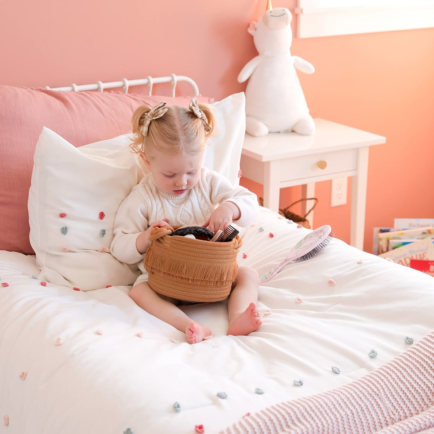 NaturalCozy Set de 3 canastas de almacenamiento de decoración boho con cuerda de algodón tejida para organizar! Canasta pequeña para cosas de bebé, canasta para baby shower, canasta de regalo, canasta