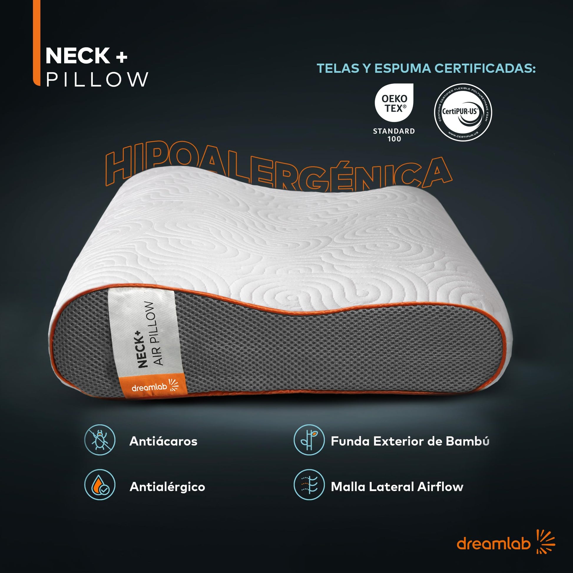 Dreamlab Neck+ Pillow | Almohada Cervical de Memory Foam con Gel | Hipoalergénica, Ortopédica, Certificada CertiPUR-US, Oeko-Tex Standard 100 | Firmeza: Medio Firme | Tamaño Estándar XL (61cm x 41cm)