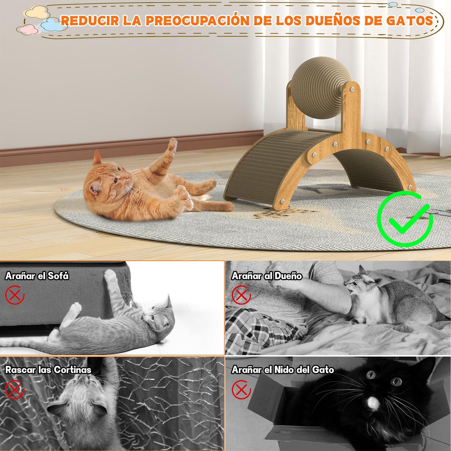 Rascador Kokila beige con Pelota de Sisal de 12cm para Gatos Pequeños y Conejos