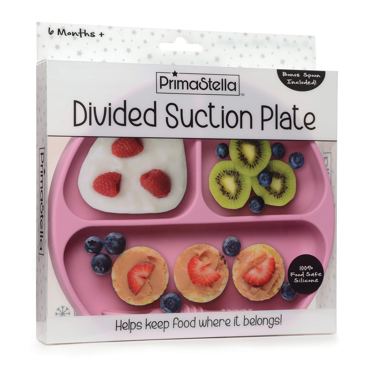 PrimaStella Plato de succión de Silicona, Plato de Agarre Dividido, Juego de Platos y cucharas Antideslizantes para bebés y niños pequeños, sin BPA, Apto para microondas, lavavajillas