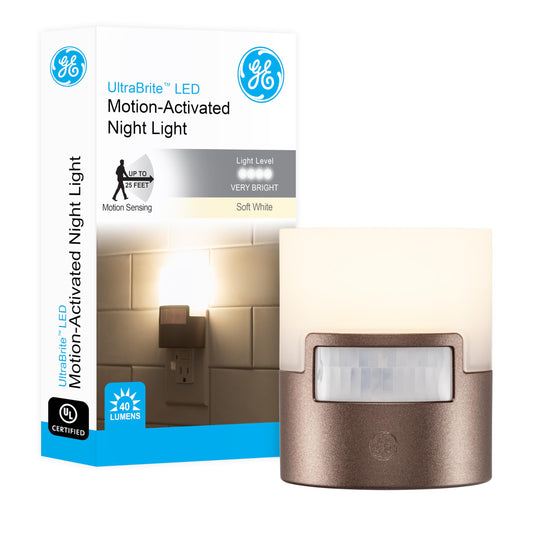 Luz de noche LED GE Enbrighten con sensor de movimiento, enchufable, 40 lúmenes, blanco suave, listada en UL, de bajo consumo, ideal para dormitorio, baño, 26140, bronce, 1 paquete