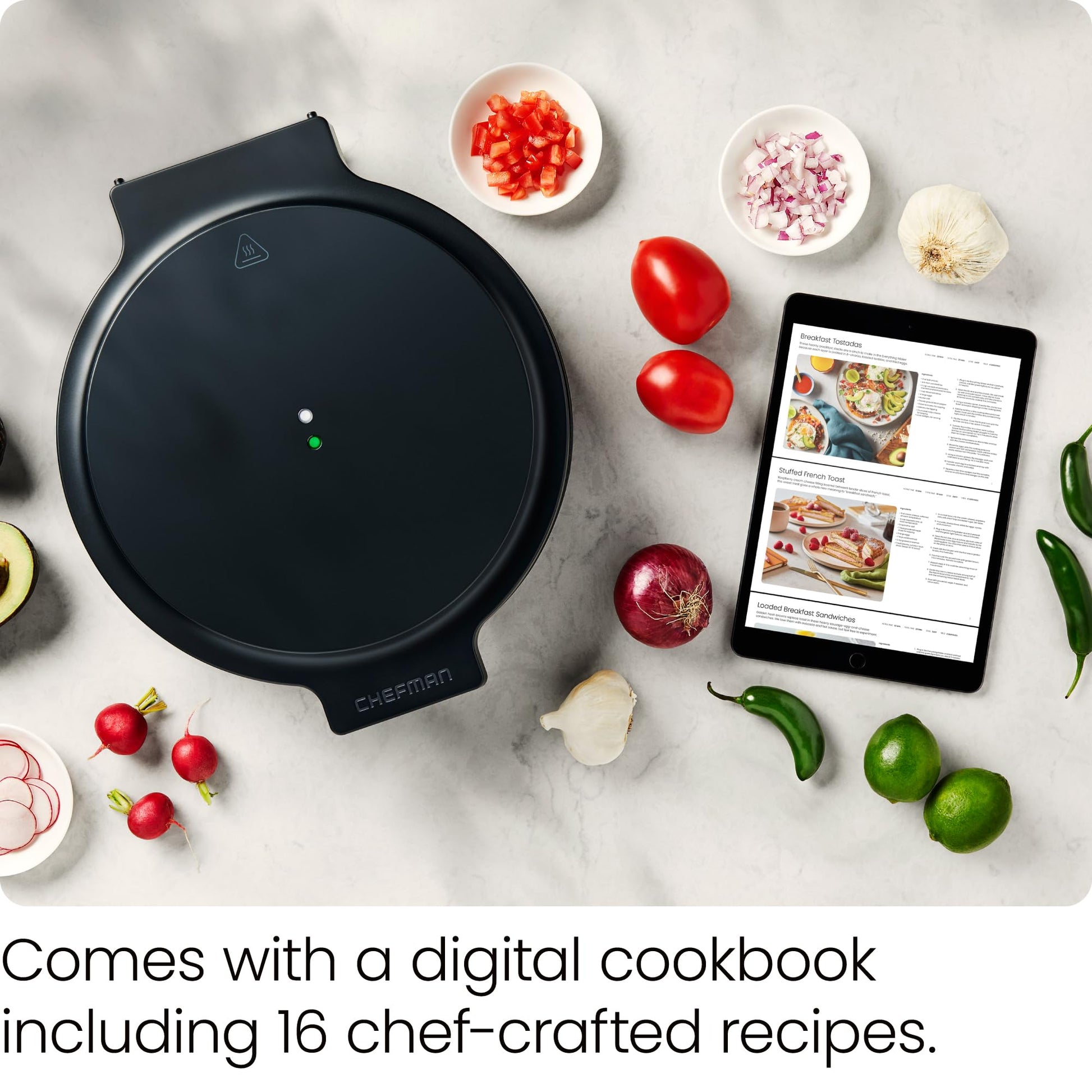 Chefman Everything Maker & Pizza Horno – 1440 W Encimera eléctrica Pizza con platos antiadherentes de 12 pulgadas, hacer pizza, quesadillas, tortillas y más, con luces indicadoras y almacenamiento