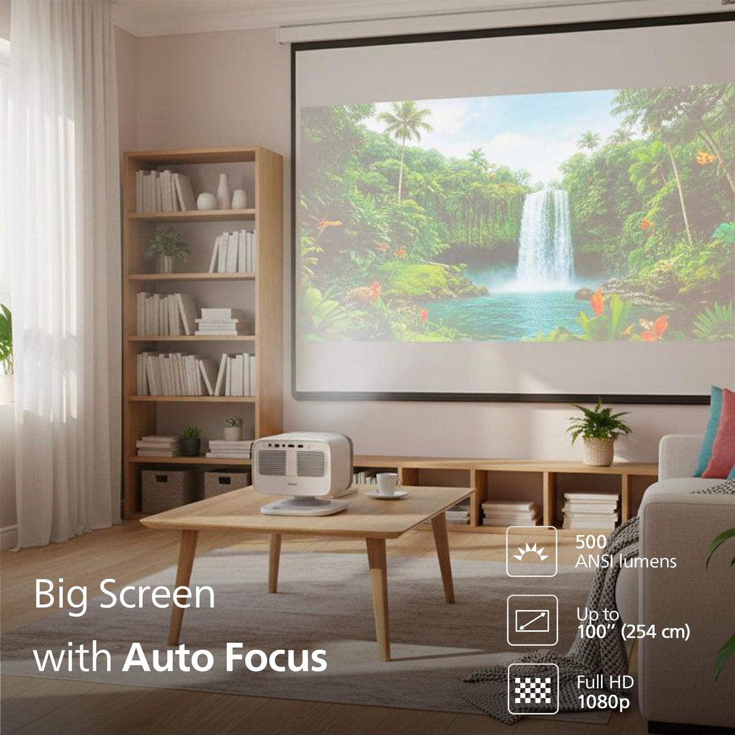 Philips Neopix 444, Proyector 4K, Resolución Nativa 1080p, 500 lúmenes ANSI, sonido estéreo de 10 vatios, enfoque automático, autokeystone, cable HDMI a USB-C incluido, blanco.