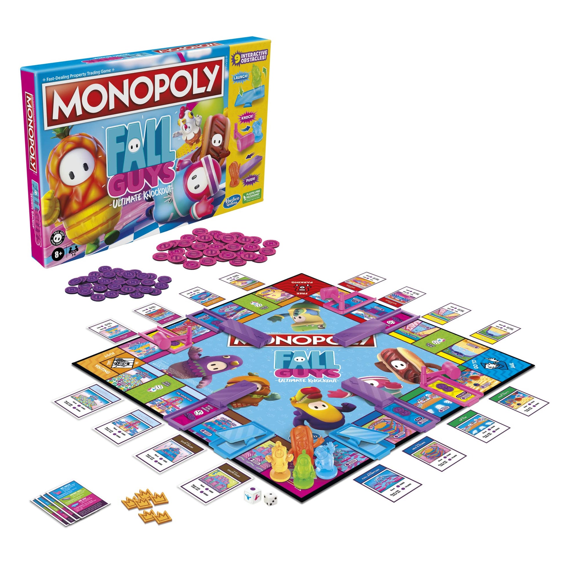 Juego de Mesa Monopoly Edición Fall Guys Ultimate Knockout para Jugadores de 8 Años+ con Obstáculos Interactivos y Troquel Knockout