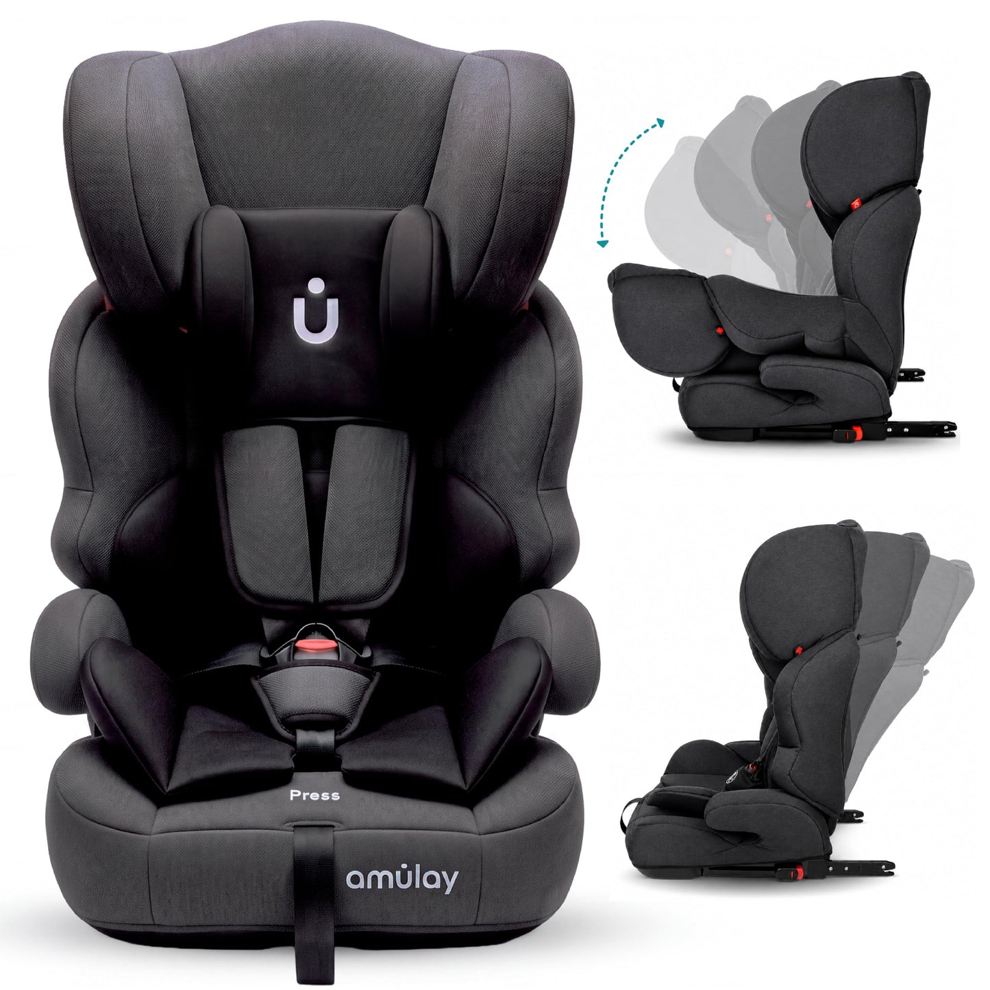 Amulay Autoasiento Booster ISOFIX Grupo 1-2-3, Convertible, Negro y Gris