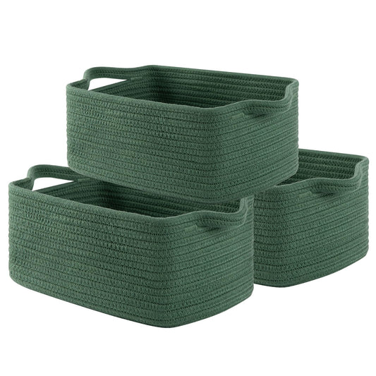 OIAHOMY - Cestas tejidas de cuerda de algodón para almacenamiento, cesta de almacenamiento rectangular para guardería con asas para estantes, paquete de 3, verde