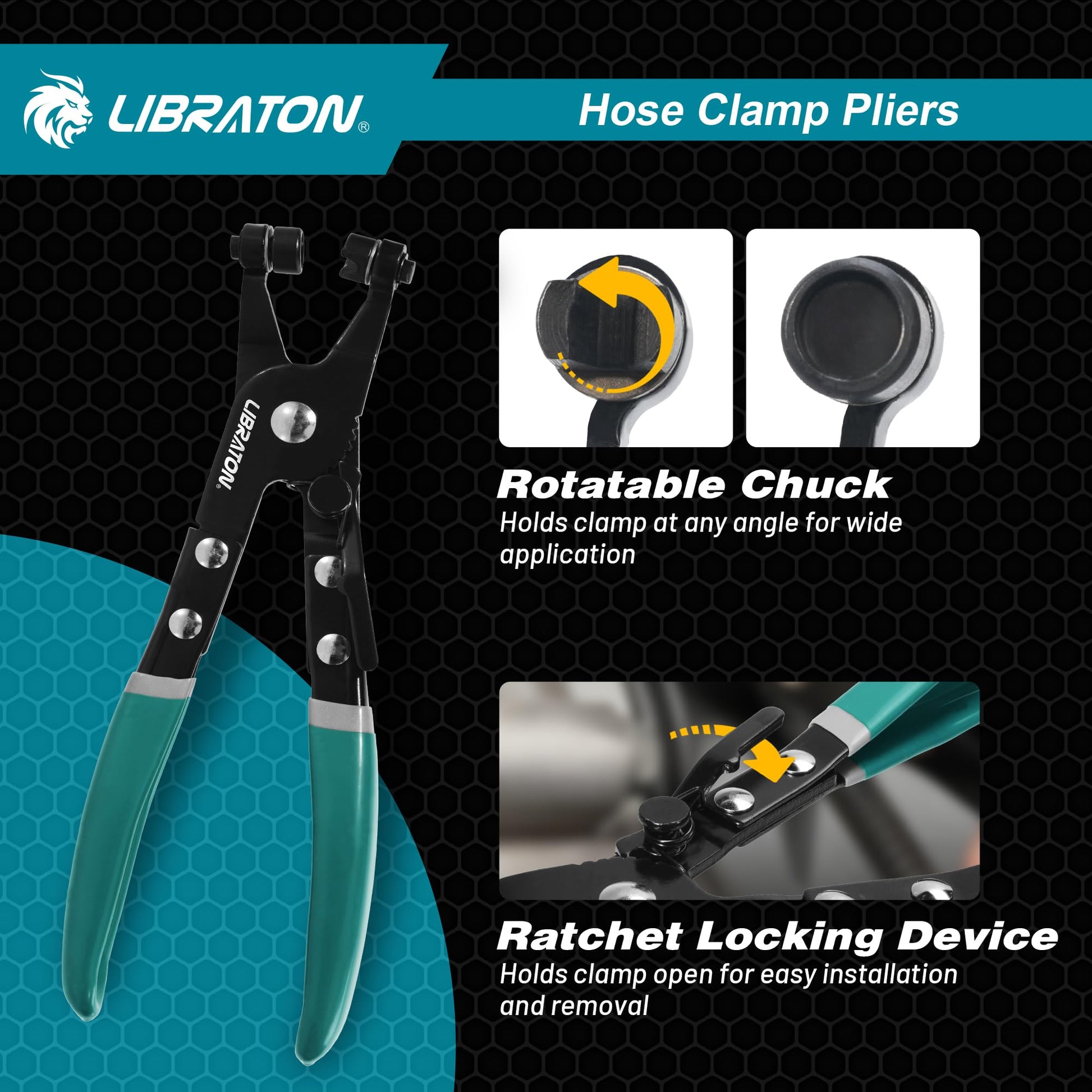 LIBRATON - Alicates de abrazadera de manguera, herramienta profesional de abrazadera de manguera con banda plana giratoria para extracción e instalación en abrazaderas de manguera de banda plana o