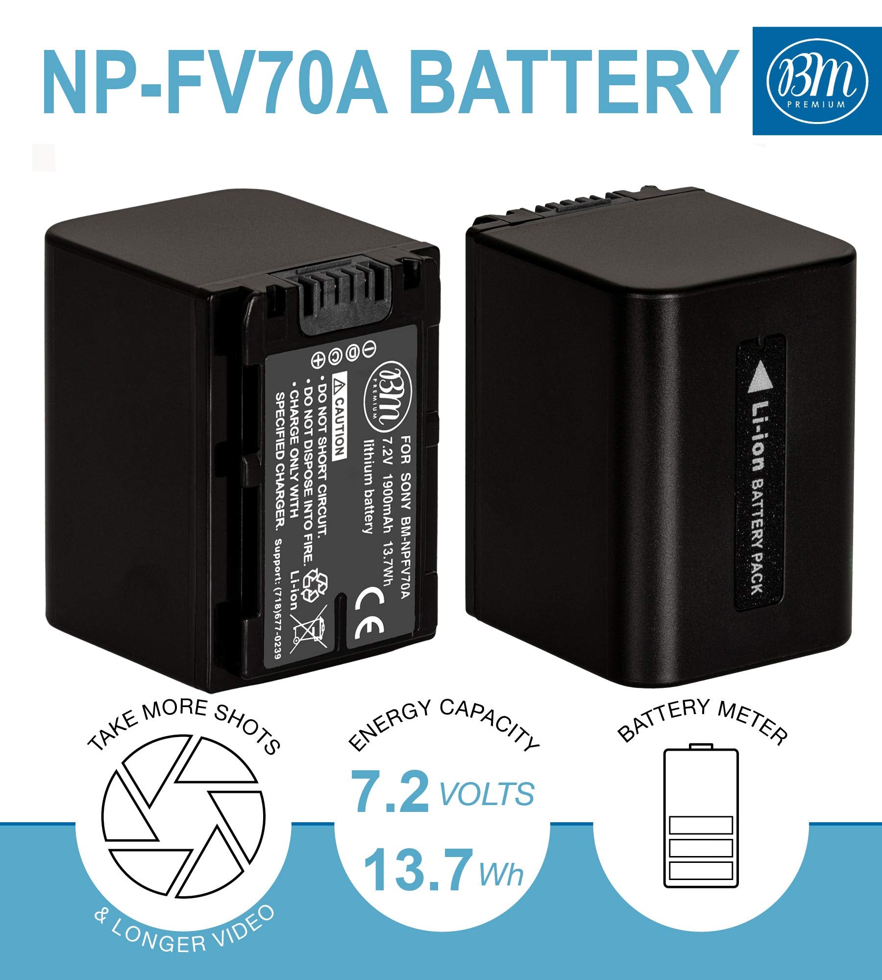 BM Premium 2 NP-FV70A Baterías de alta capacidad y cargador de doble bahía para Sony FDR-AX30 FDR-AX33 FDR-AX53 FDR-AX700 AX100 FDR-AXP35 HXR-MC50 MC88 NX80 PXW-Z90V NEX-VG10 VG20 VG20 VG20 VV30