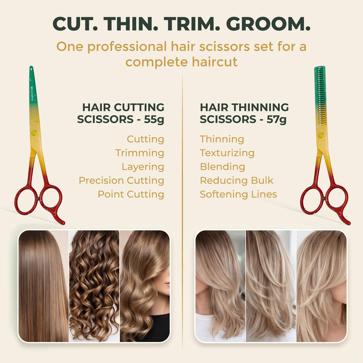 Suvorna Juego de tijeras de corte de pelo de 6,5 pulgadas con tijeras de adelgazamiento para peluquero y uso doméstico – Juego de tijeras de pelo para adelgazar y cortar (rojo, amarillo y verde)