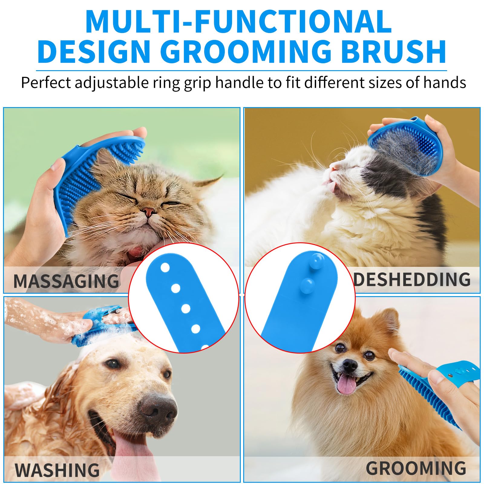 Comotech - 3 cepillos de baño para perros, cepillo para polvo de champú para perros, limpiador para perros, aseo y lavado con mango de anillo ajustable para perros y gatos de pelo corto y largo (azul