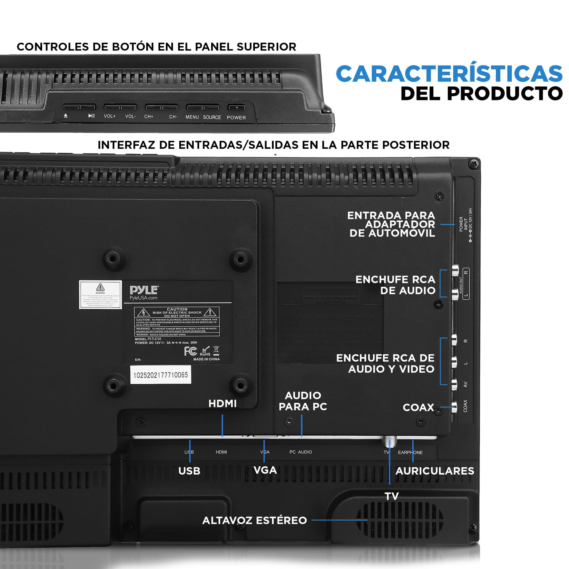Pyle TV LED 15 pulgadas 1080p - pantalla plana FHD, HDMI, RCA, DVD integrado, montable en pared, compatible con Mac y PC, control remoto, negro